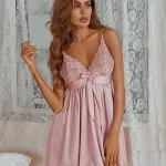 Intiflower Wholesale Satin Pink Lace Sexy Lingerie Underwear Set Backless Cute Bow Dresses Night Gown for Women