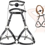 : BDSM Bondage Leather Breasts Restraints Harness 3 in 1 Sex Bondage Set Chest Harness Silicone Ball Gag Nipple Clamps Neck Collar Fetish Sexy Bra Lingerie Set Boobs Cincher Sex Toy A