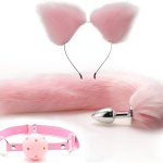 Jinqian Stainless Steel Anal Plug with Fox Tail Fox Ears Headband Gag Gag Set Cat Fox Tail Butt Plug Bondage Anal Dildo Anal Ball Sexy Cosplay SM Erotic Sex Toys for Women