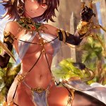 looking at viewer short hair orange eyes Azomo belly belly button big boobs anime anime girls animal ears jewelry stockings tail Egypt building weapon knife birds gloves sky clouds