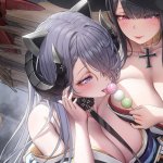 huge breasts big boobs cleavage bare shoulders long hair Rhasta two women Azur Lane August Von Parseval Azur Lane Peter Strasser Azur Lane Japanese clothes hat horns anime girls artwork