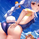 Pekora adjusting her tight swimsuit