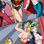 Wonder Woman and Sue Storm fuck another lesbian slut with a strapon